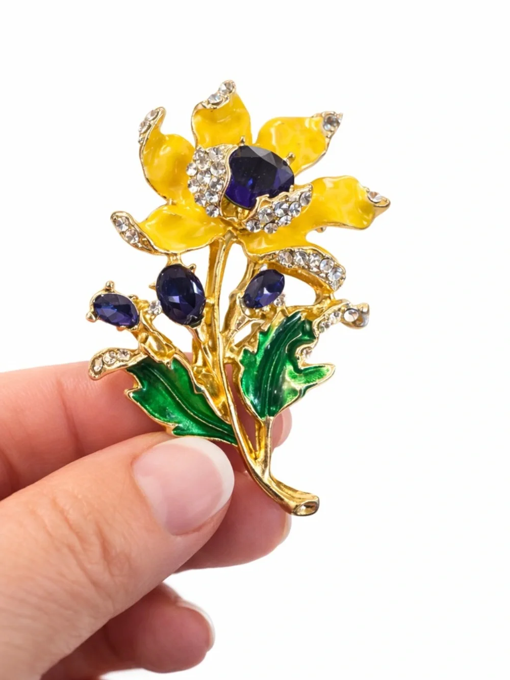 Vintage Style Yellow Enamel Flower Brooch Pin Blue Glass Rhinestone Gold Tone